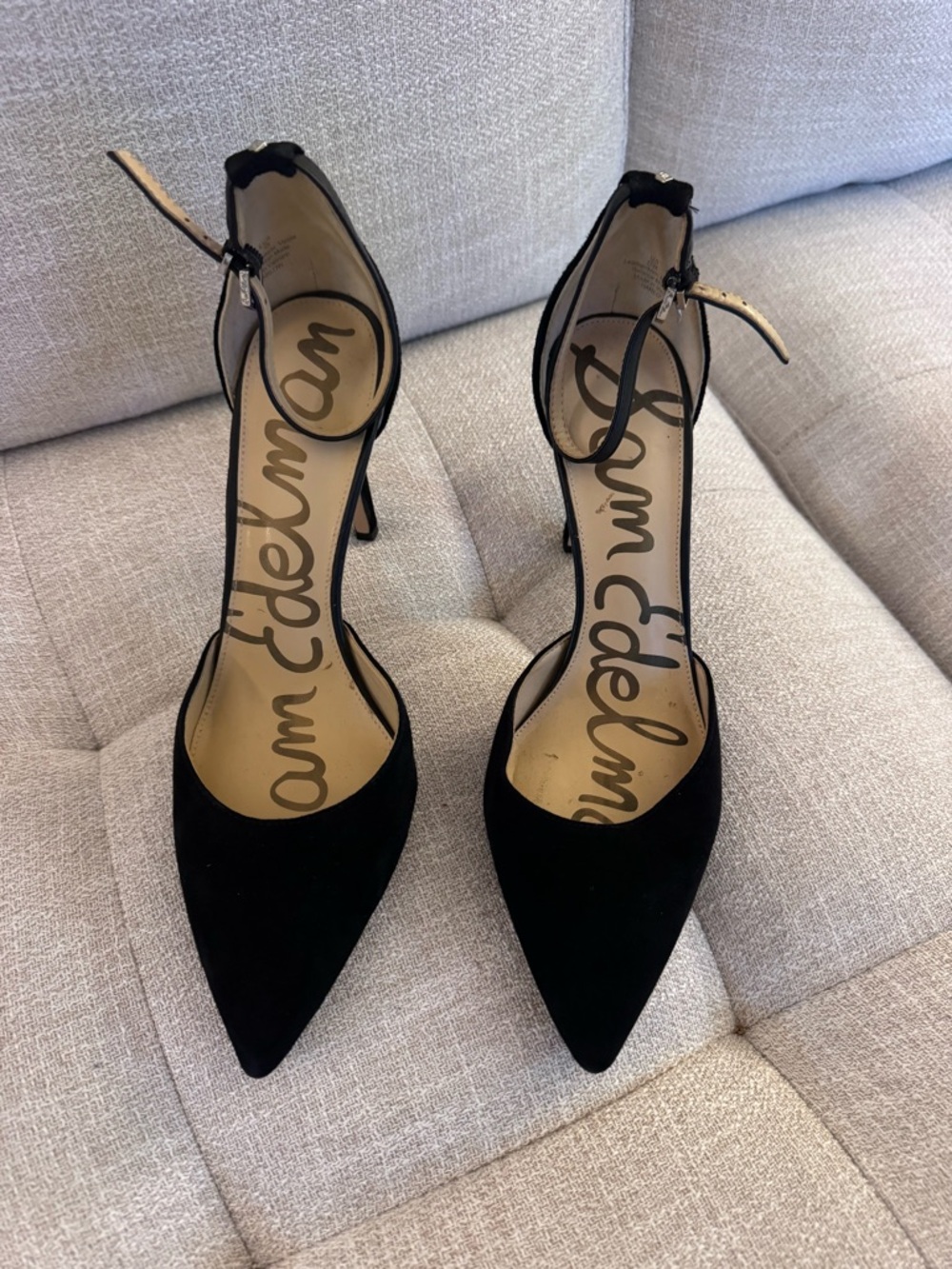 Sam Edelman Harlow Sz 10 Black Suede D’Orsay Heels Ankle Strap Pointed Toe
